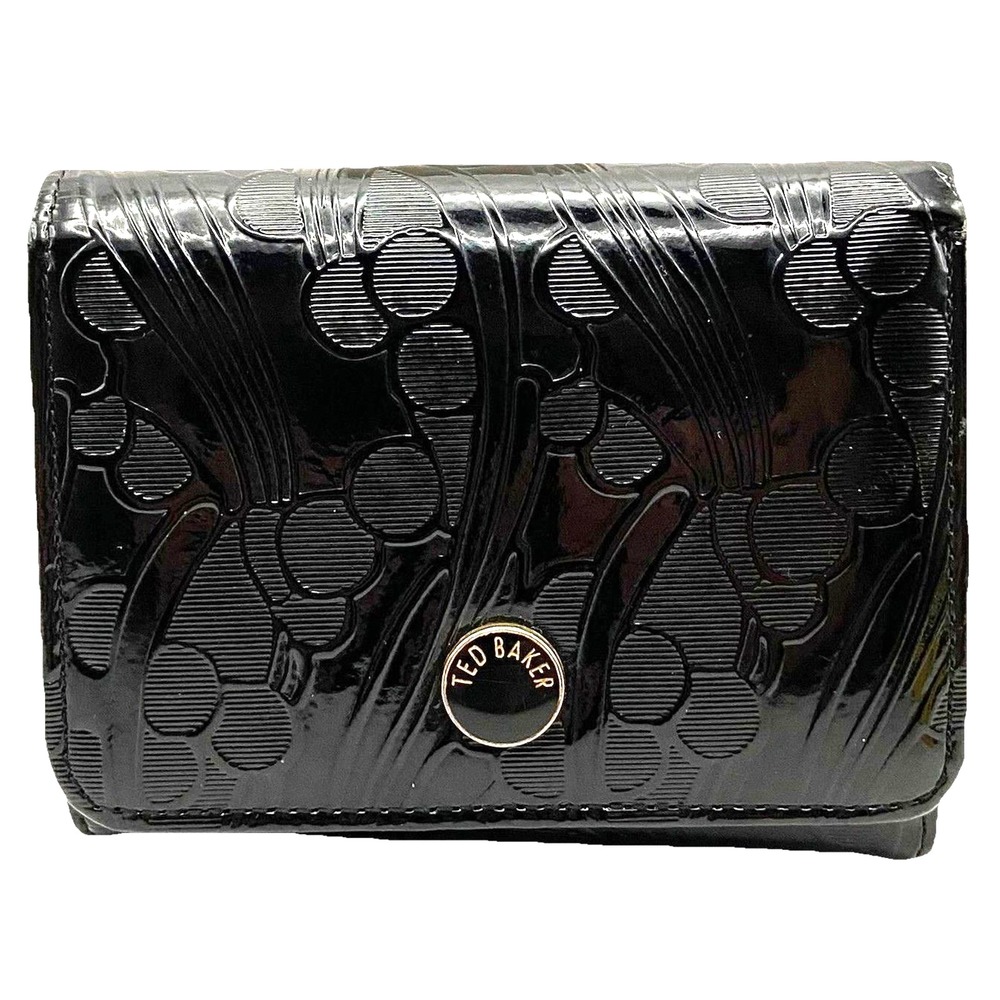 Ted Baker Gerri Black Patent Leather Cherry Embossed Wallet Gold Bifold Compact